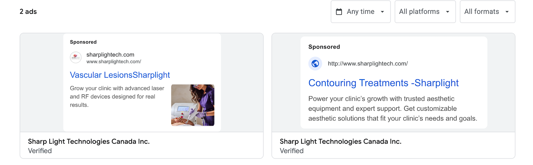 Two supplied sharplightech.com Google ad examples with the Any time filter